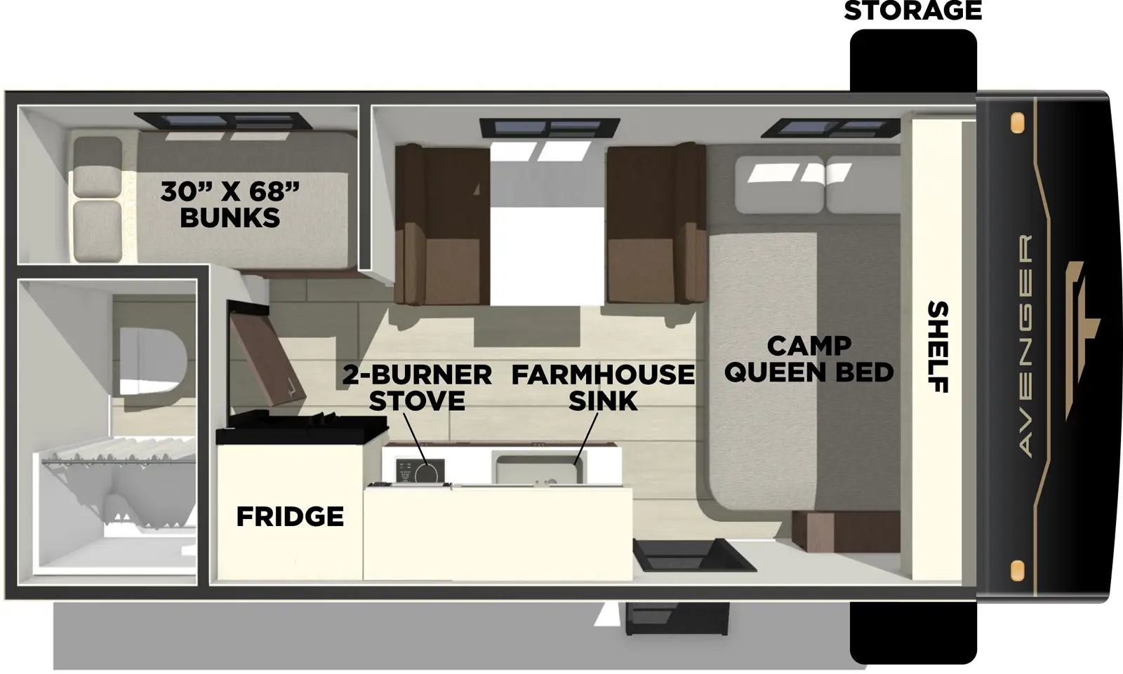 The Avenger 16BH - DSO floorplan has one entry and zero slide outs. Exterior features include: metal exterior and 10' awning. Interiors features include: bunk beds and front bedroom.